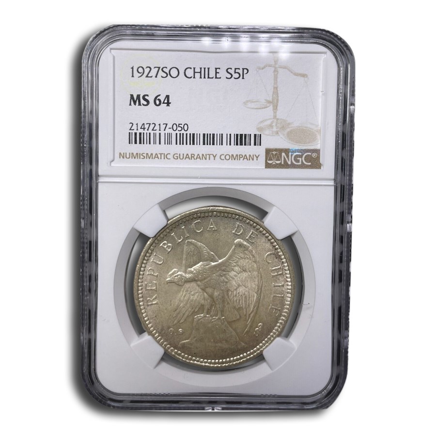 1927-So Chile Silver 5 Pesos MS-64 NGC