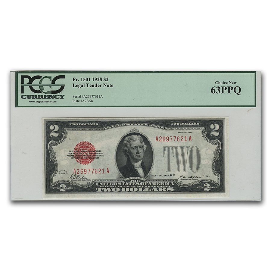 1928 $2.00 U.S. Note Red Seal CU-63 PPQ PCGS (Fr#1501)