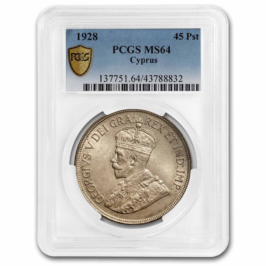 1928 Cyprus Silver 45 Piastre George V MS-64 PCGS