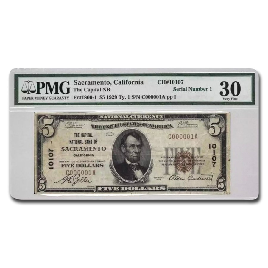 1929 Type 1 $5.00 Sacramento, CA VF-30 PMG (Fr#1800-1) CH#10107