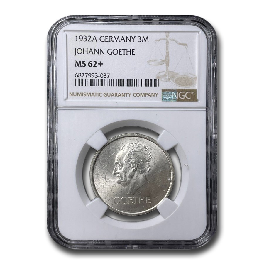 1932-A Germany Silver 3 Mark Goethe MS-62+ NGC