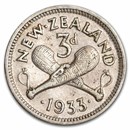 1933-1936 New Zealand Silver 3 Pence George V Avg Circ