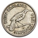 1933-1936 New Zealand Silver 6 Pence George V Avg Circ