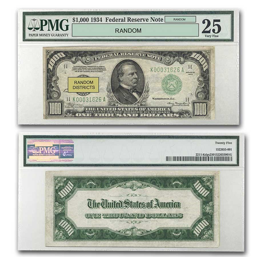 1934/34-A $1,000 FRN VF PMG/PCGS Districts of Our Choice