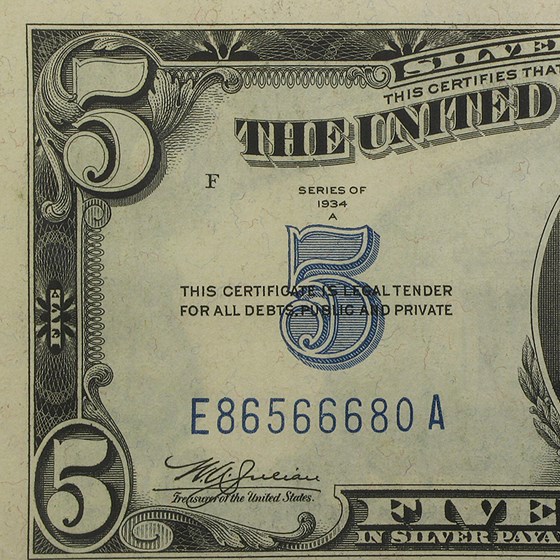 Buy 1934-A $5.00 Silver Certificate CU (Mule) | APMEX