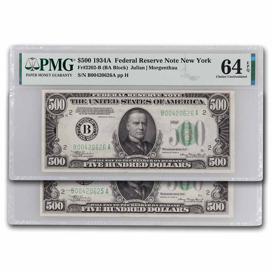 Buy 1934-A (B-NY) $500 FRN CU-64 EPQ PMG (Fr#2202-B)2 Consecutive | APMEX