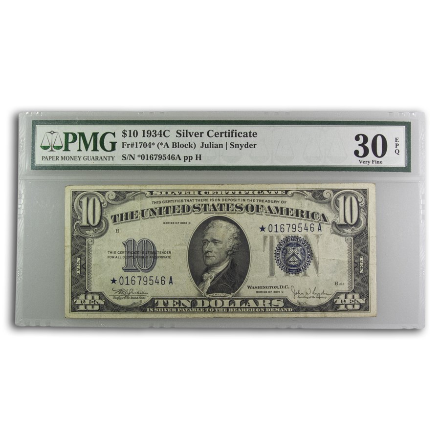 1934-C* $10 Silver Certificate VF-30 EPQ PMG (Fr#1704*) Star Note