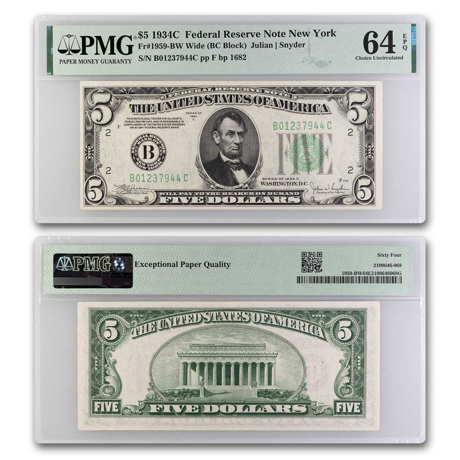 1934-C (B-New York) $5.00 FRN CU-64 EPQ PMG (Fr#1959-Bw) Wide