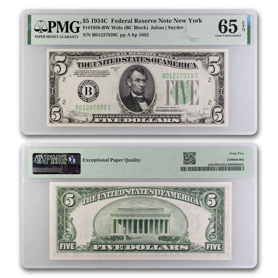 1934-C (B-New York) $5.00 FRN CU-65 EPQ PMG (Fr#1959-Bw) Wide