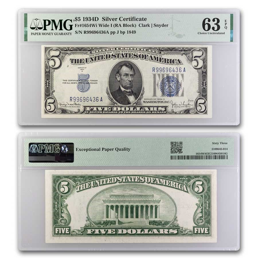 1934-D $5.00 Silver Certificate CU-63 EPQ PMG (Fr#1654) Wide I
