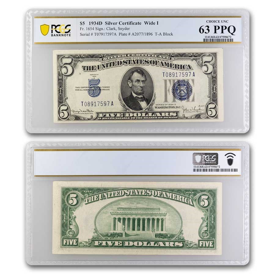 1934-D $5.00 Silver Certificate CU-63 PPQ PCGS (Fr#1654) Wide I