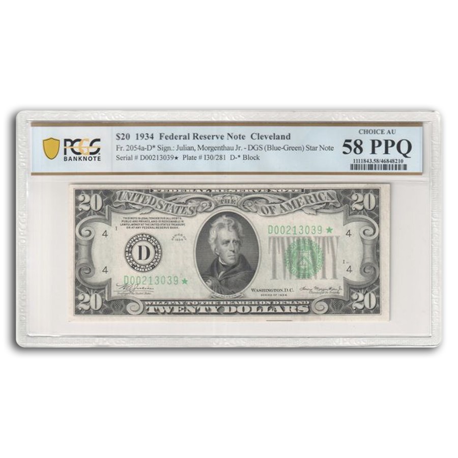 1934* (D-Cleveland) $20 FRN AU-58 PPQ PCGS(Fr#2054-D*)Star Note