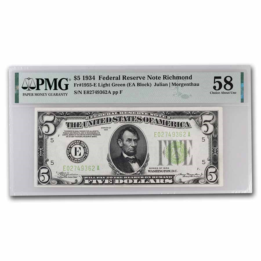 1934 (E-Richmond) $5.00 FRN AU-58 PMG (Fr#1955-E)