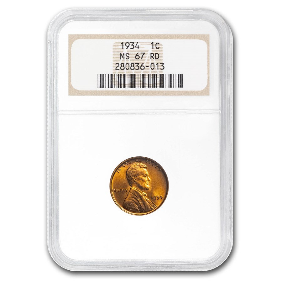 1934 Lincoln Cent MS-67 NGC (Red)