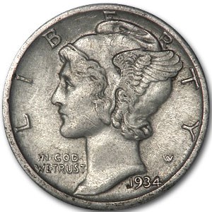 1934 Mercury Dime XF