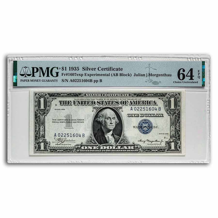 Buy 1935 $1 Silver Cert CU-64 EPQ PMG (Fr#1607exp) A-B Experimental | APMEX