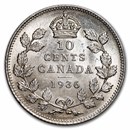 1936 Canada Silver 10 Cents George V AU