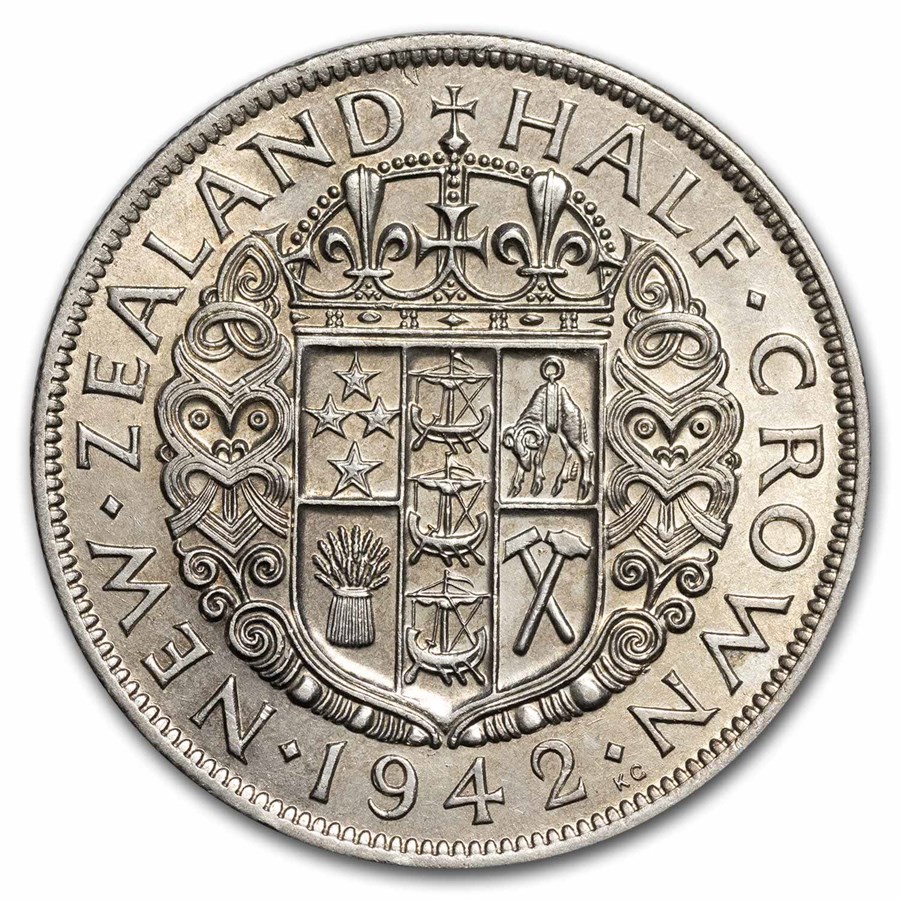 1937-1946 New Zealand Silver 1/2 Crown George VI AU