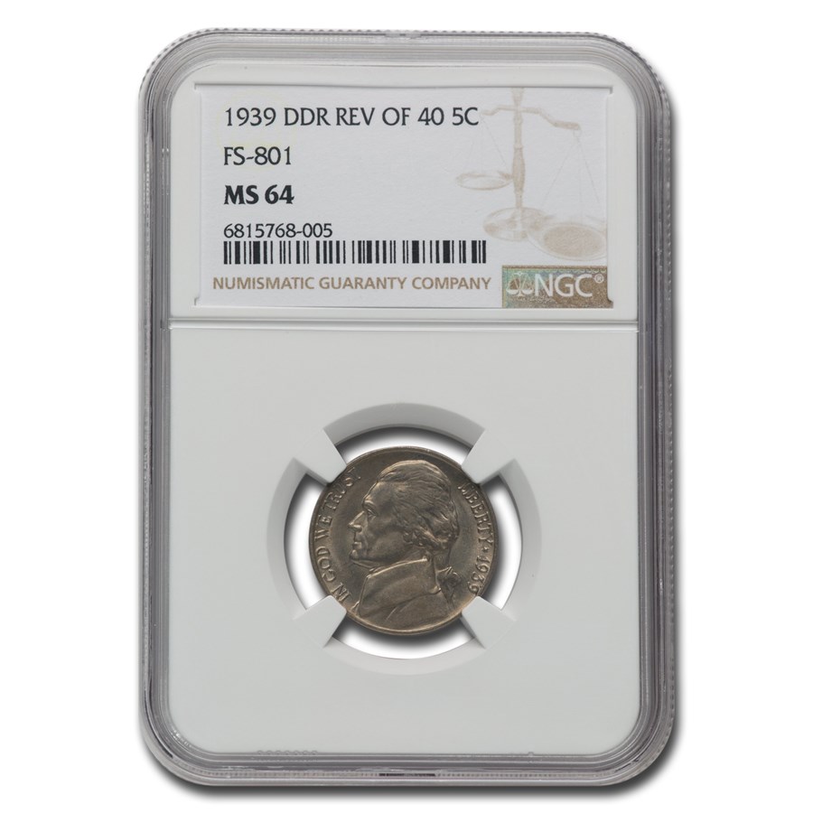 1939 Jefferson Nickel MS-64 NGC (DDR Rev of 40, FS-801)