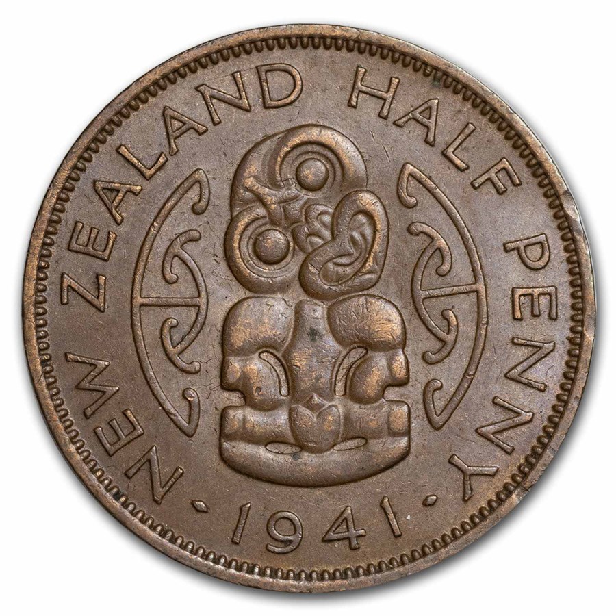 1940-1947 New Zealand 1/2 Penny Hei Tiki George VI BU (Brown)