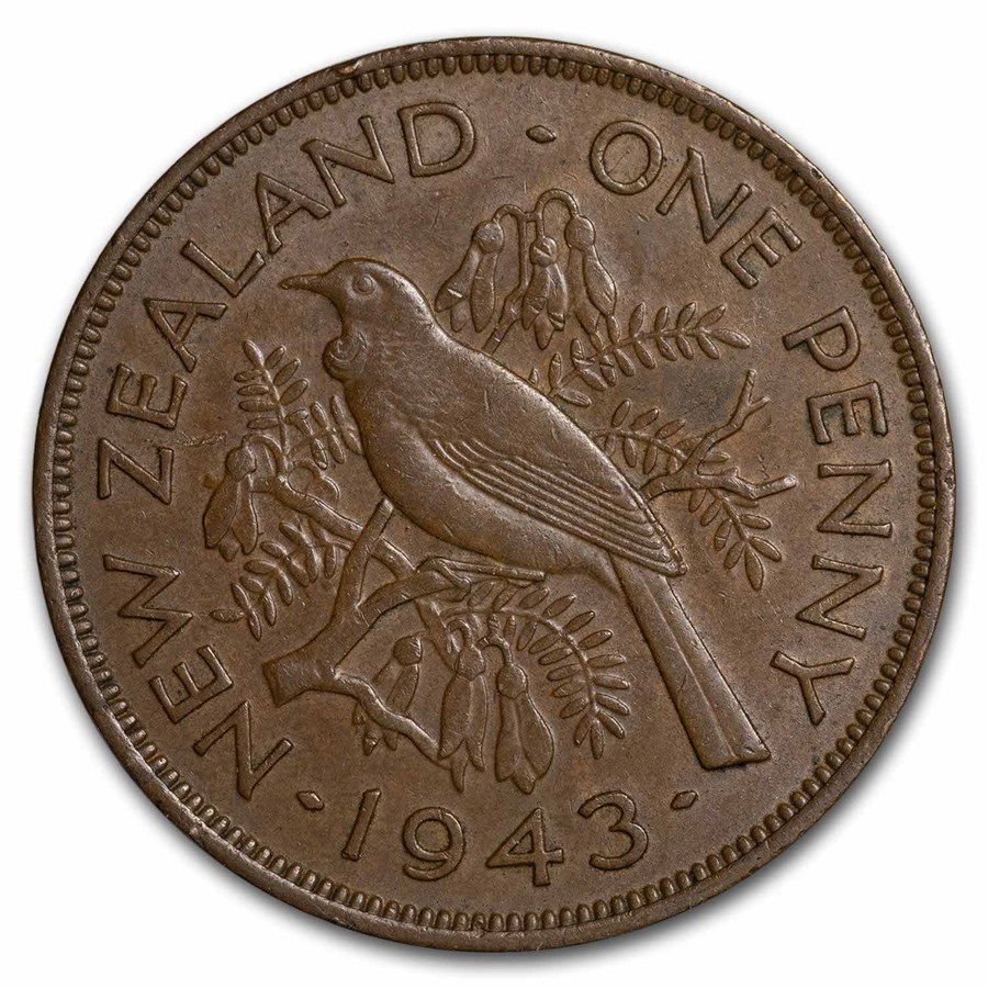 1940-1947 New Zealand Bronze 1 Penny Tui Bird George VI Avg Circ