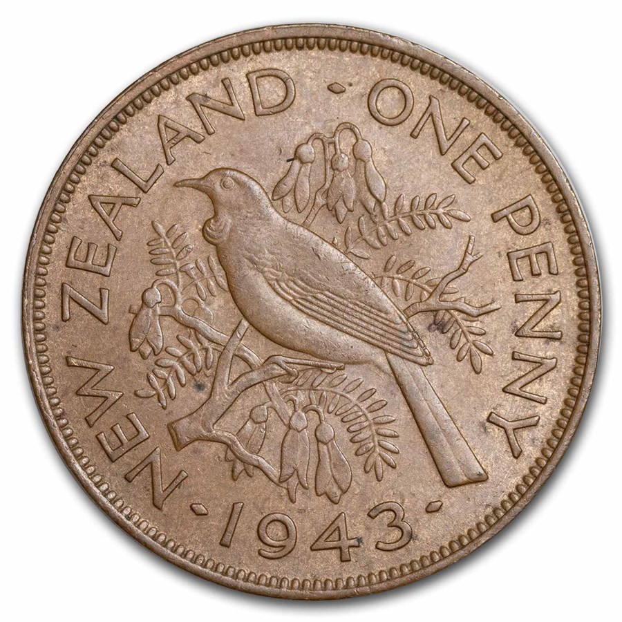 1940-1947 New Zealand Bronze 1 Penny Tui Bird George VI BU Brown