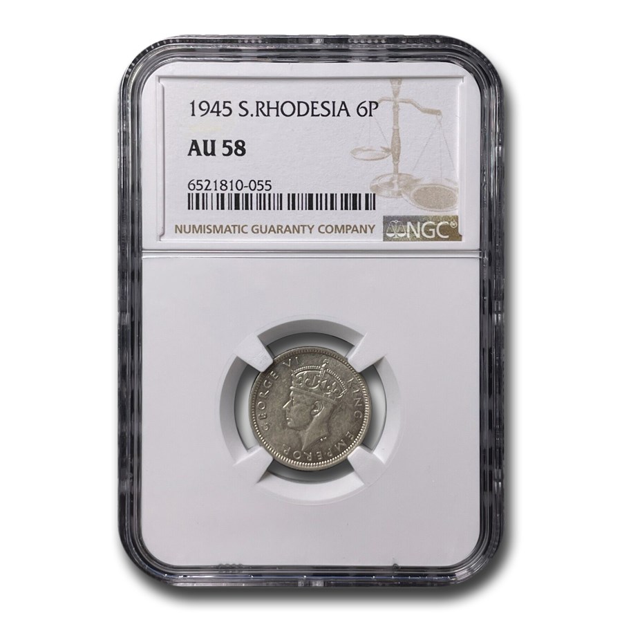 1945 Southern Rhodesia Silver Sixpence AU-58 NGC