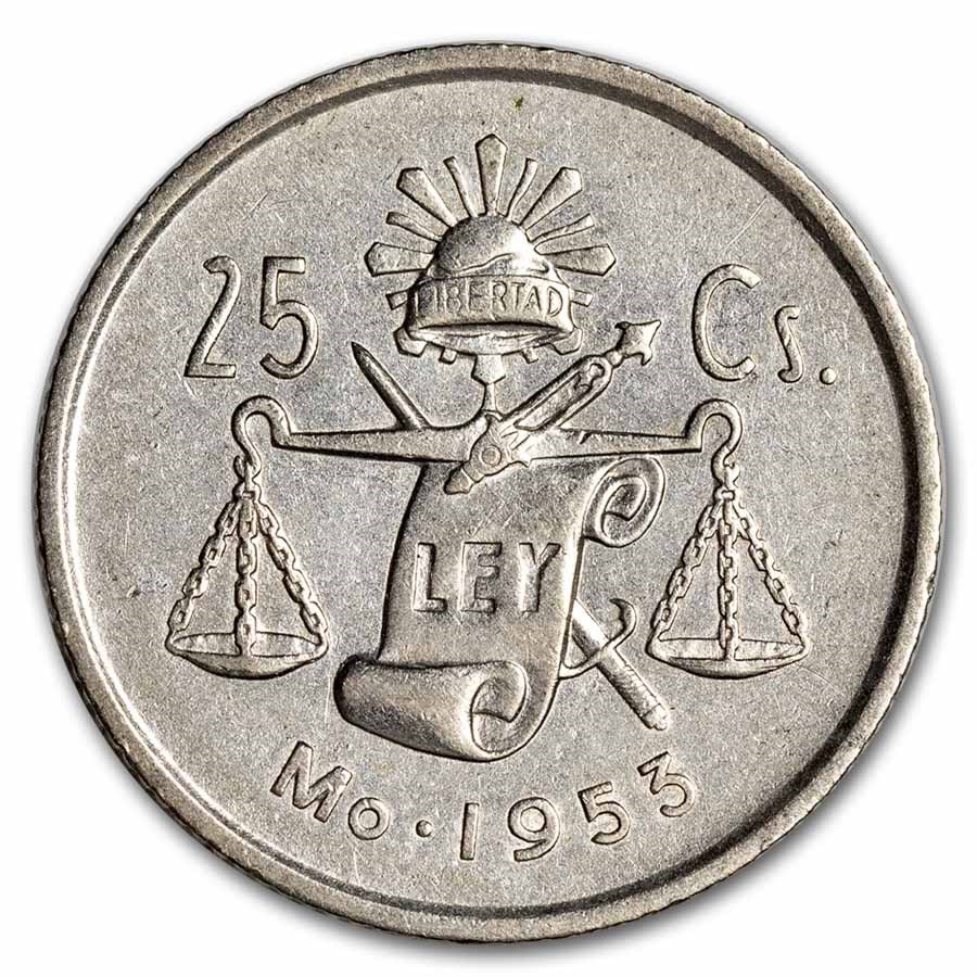 1950-1953 Mexico Billon 25 Centavos BU