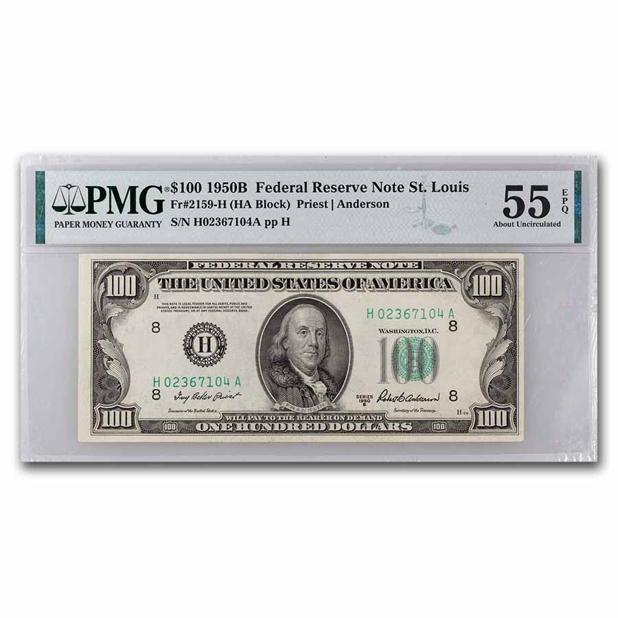 Buy 1950-B (H-St Louis) $100 FRN AU-55 PMG EPQ (Fr#2159-H) | APMEX