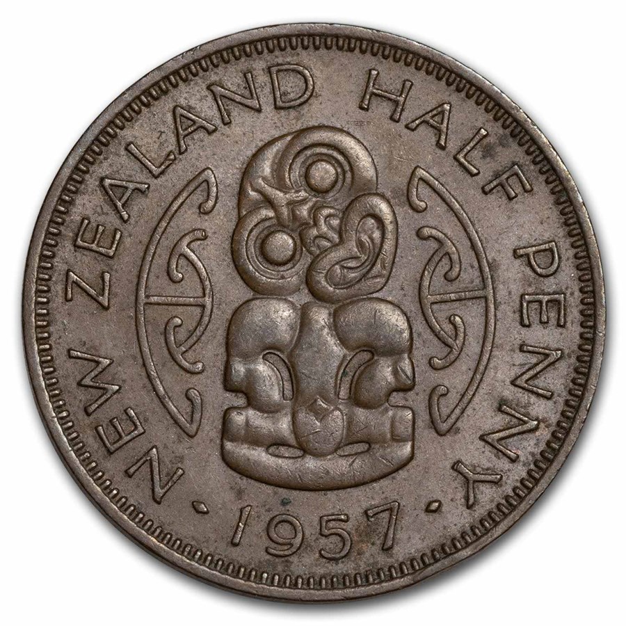 1953-1965 New Zealand 1/2 Penny Hei Tiki Elizabeth II BU (Brown)