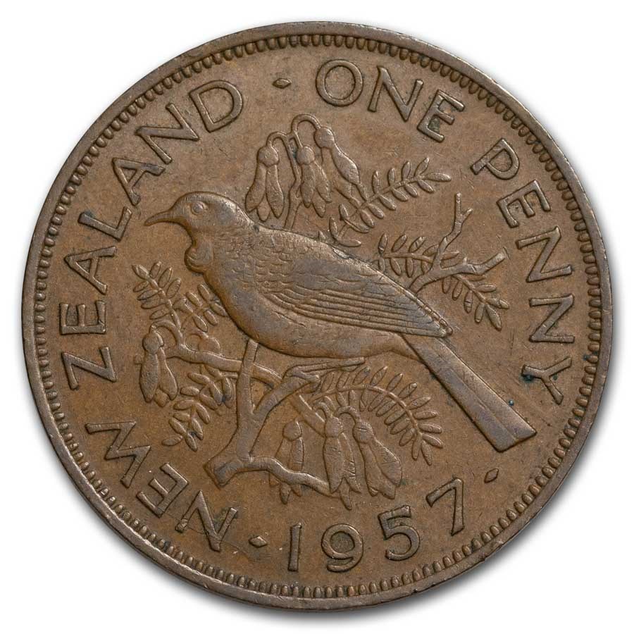 1953-1965 New Zealand Bronze Penny Tui Bird Elizabeth II Avg Circ