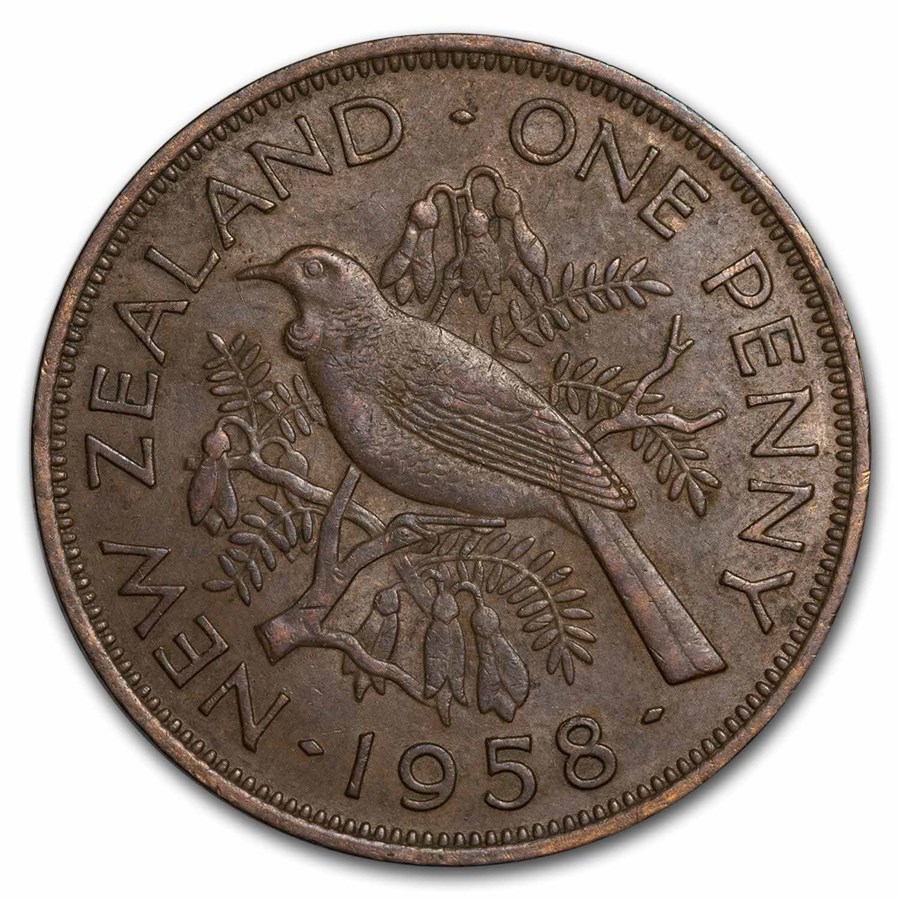 1953-1965 New Zealand Bronze Penny Tui Bird Elizabeth II BU Brown