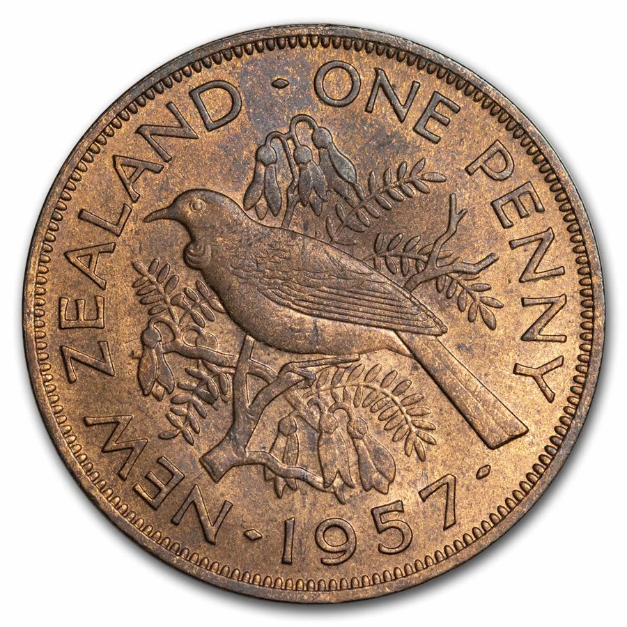 1953-1965 New Zealand Bronze Penny Tui Bird Elizabeth II BU (R/B)