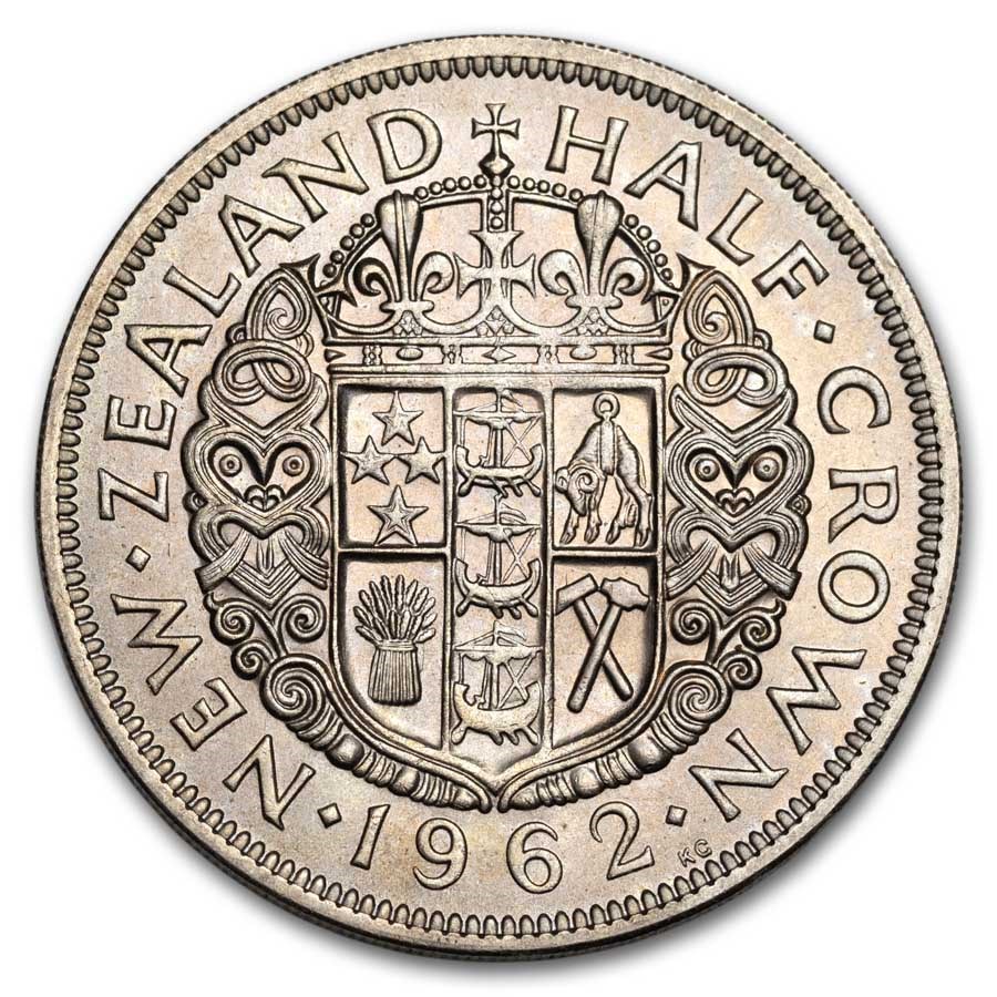 1953-1965 New Zealand Copper-Nickel 1/2 Crown Elizabeth II BU