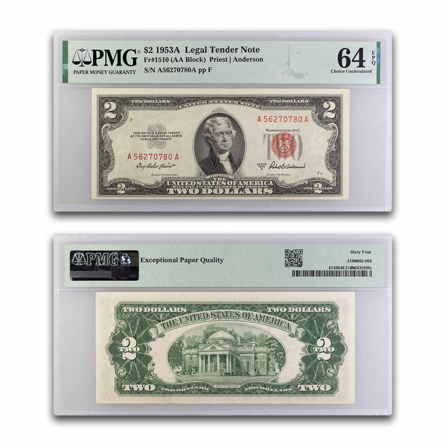 1953-A $2.00 U.S. Note Red Seal CU-64 EPQ PMG (Fr#1510)
