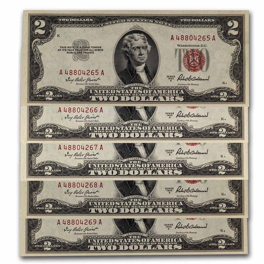 1953-A $2.00 U.S. Notes Red Seal CU (Fr#1510) 5 Consecutive