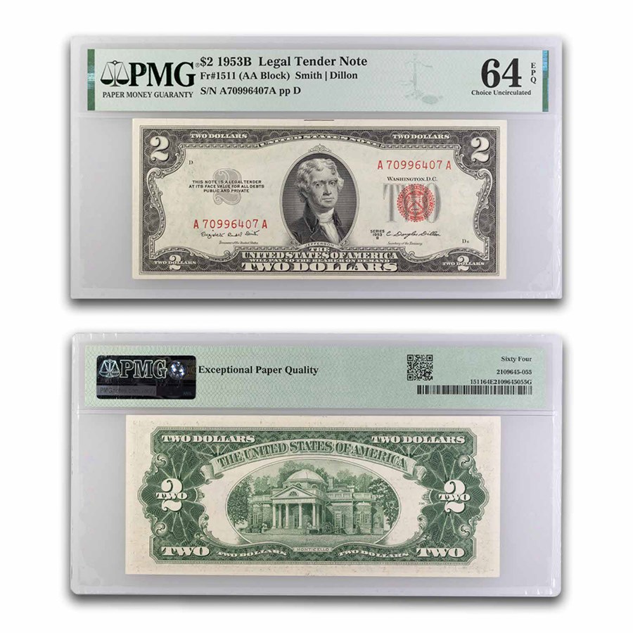 1953-B $2 U.S. Notes Red Seal CU-64 EPQ PMG (Fr#1511)