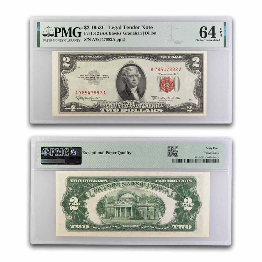 1953-C $2.00 U.S. Note Red Seal CU-64 EPQ PMG (Fr#1512)