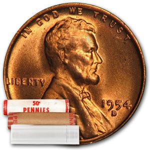 1954-D Lincoln Cent 50-Coin Roll BU