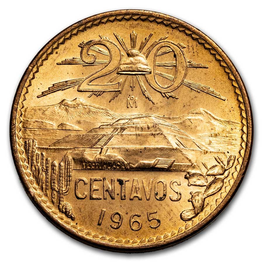 1955-1971 Mexico 20 Centavos Pyramid of the Sun BU