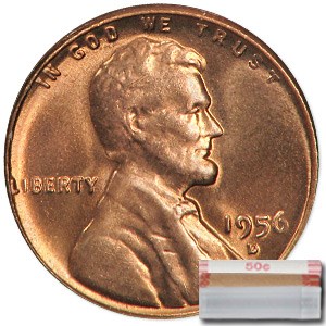 1956-D Lincoln Cent 50-Coin Roll BU