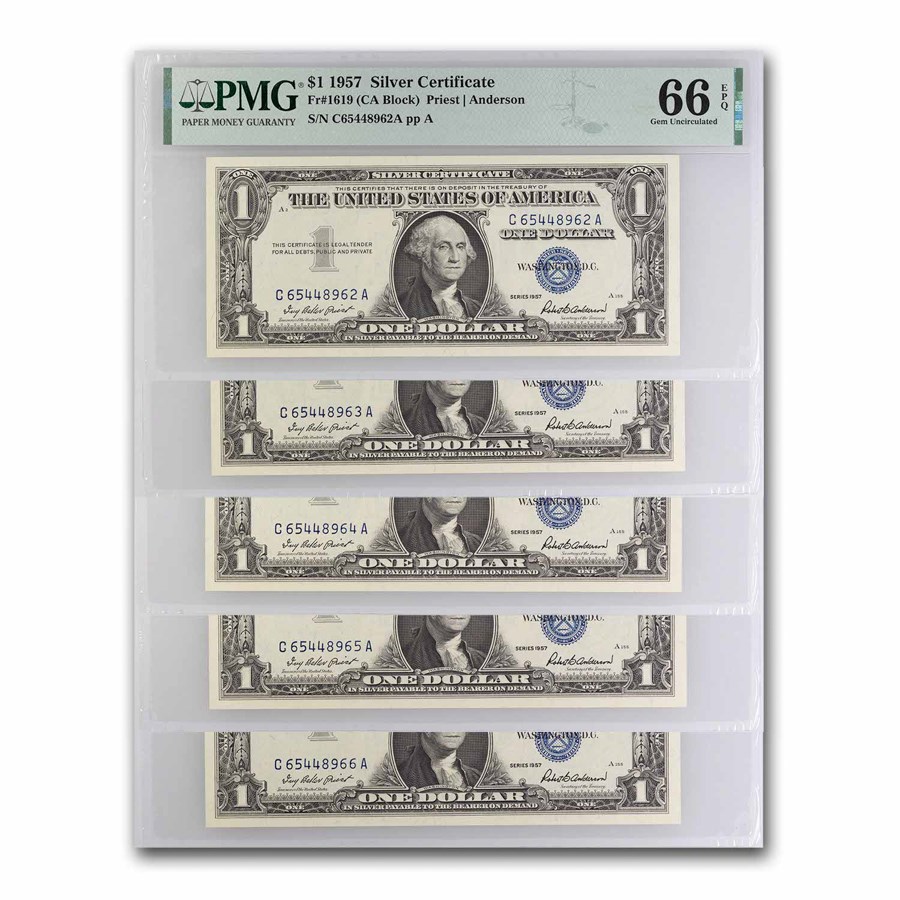 1957 $1.00 Silver Certificate CU-66 EPQ PMG (Fr#1619) 9 Consec