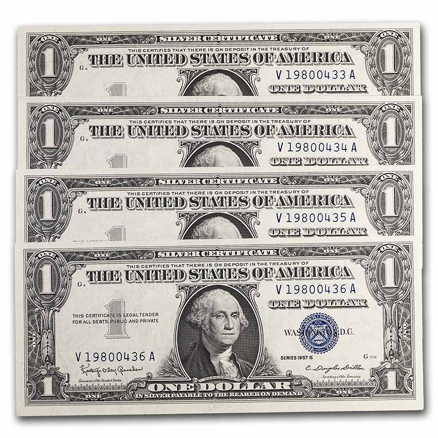 Buy 1957 B Silver Certificate CU 4 Consecutive Cert | APMEX