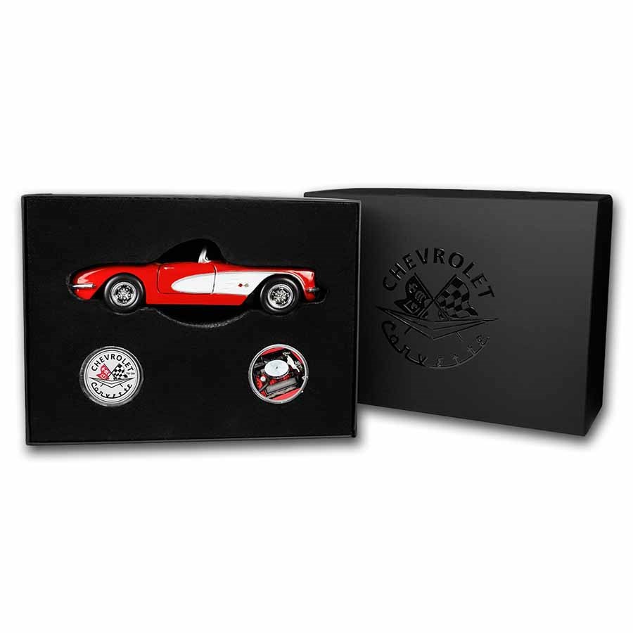 1959 Corvette 2 x 1 oz Silver Round & Die Cast Car Set - Red