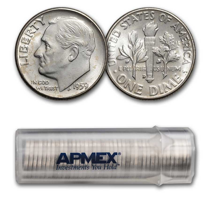 1959-D Roosevelt Dime 50-Coin Roll BU