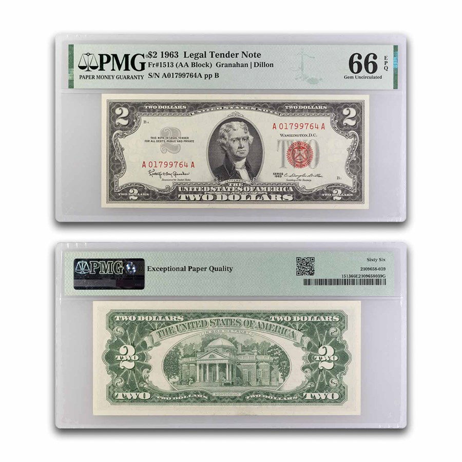 1963 $2.00 U.S. Note Red Seal CU-66 EPQ PMG (Fr#1513)