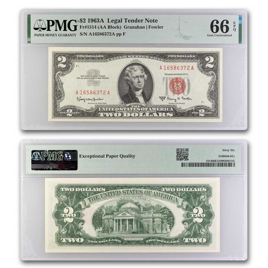 1963-A $2.00 U.S. Note Red Seal CU-66 EPQ PMG (Fr#1514)