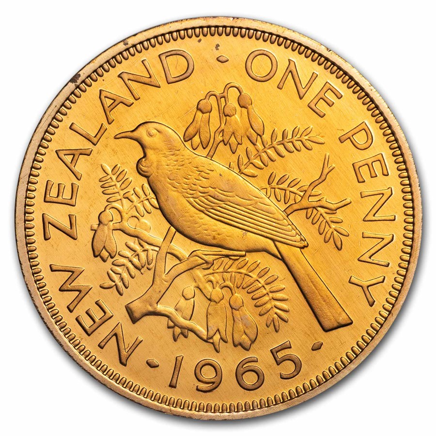 1965 New Zealand Bronze Penny Tui Bird Elizabeth II BU PL (Red)