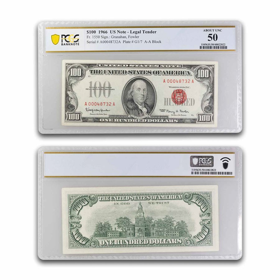 1966 $100 U.S. Note Red Seal AU-50 PCGS (Fr#1550)