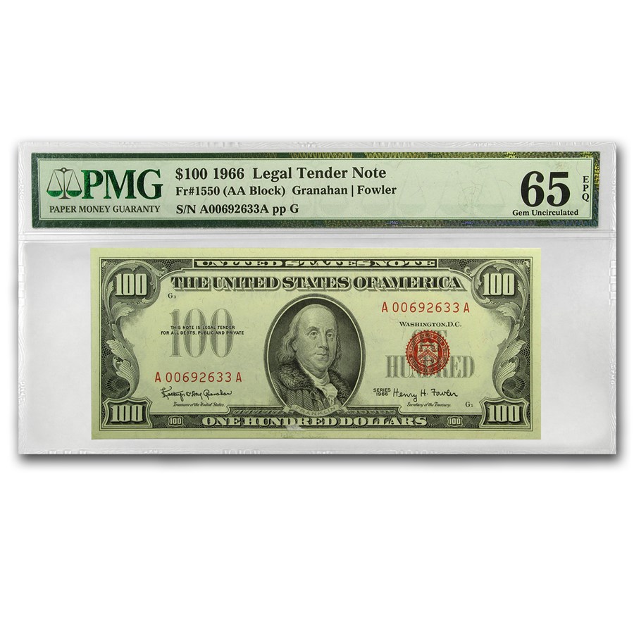 1966 $100 U.S. Note Red Seal CU-65 EPQ PMG (Fr#1550)